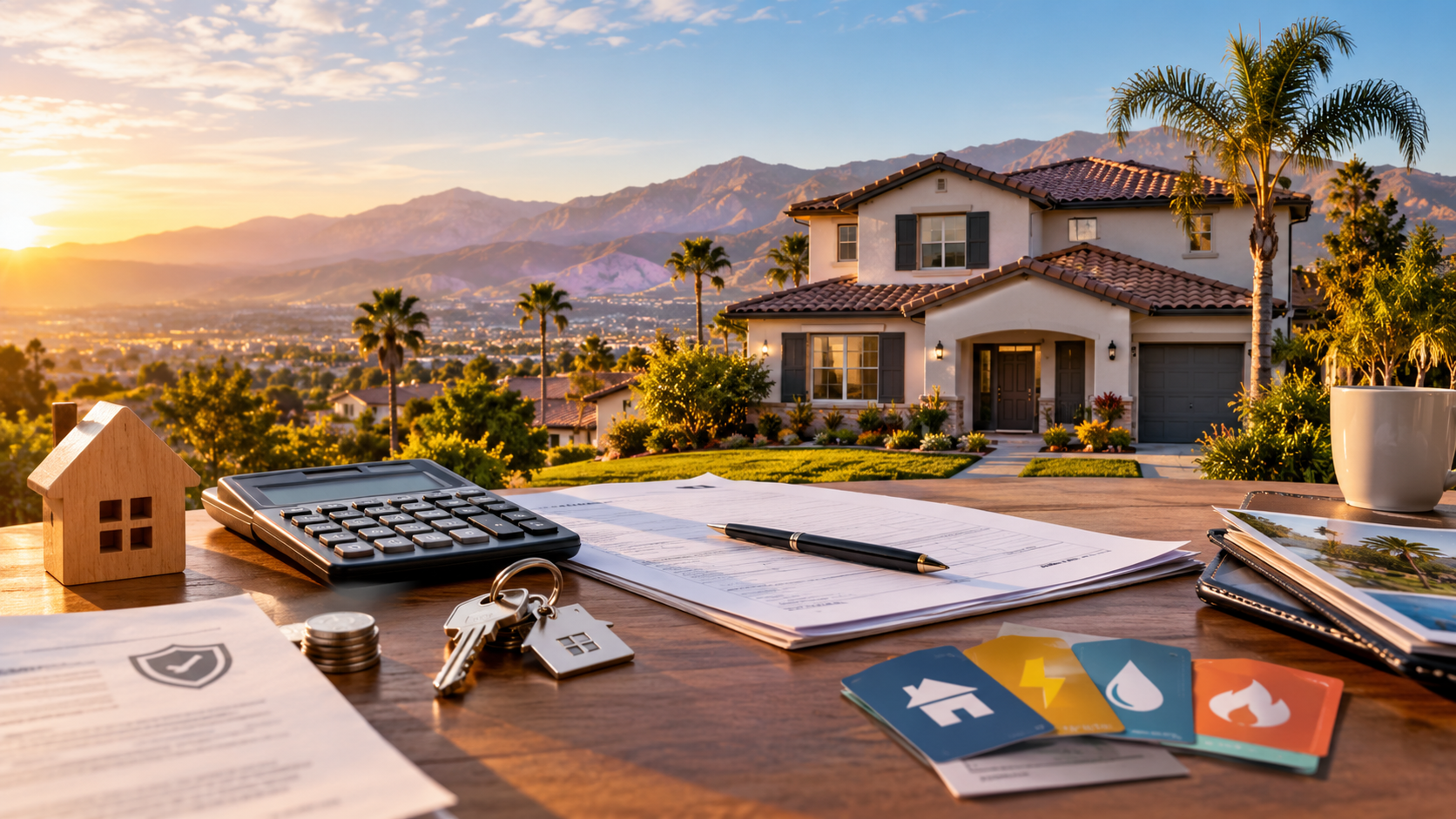 Modern California home with Southern California mountains and a home buying cost concept featuring a mortgage calculator, keys, paperwork, and household expense symbols
