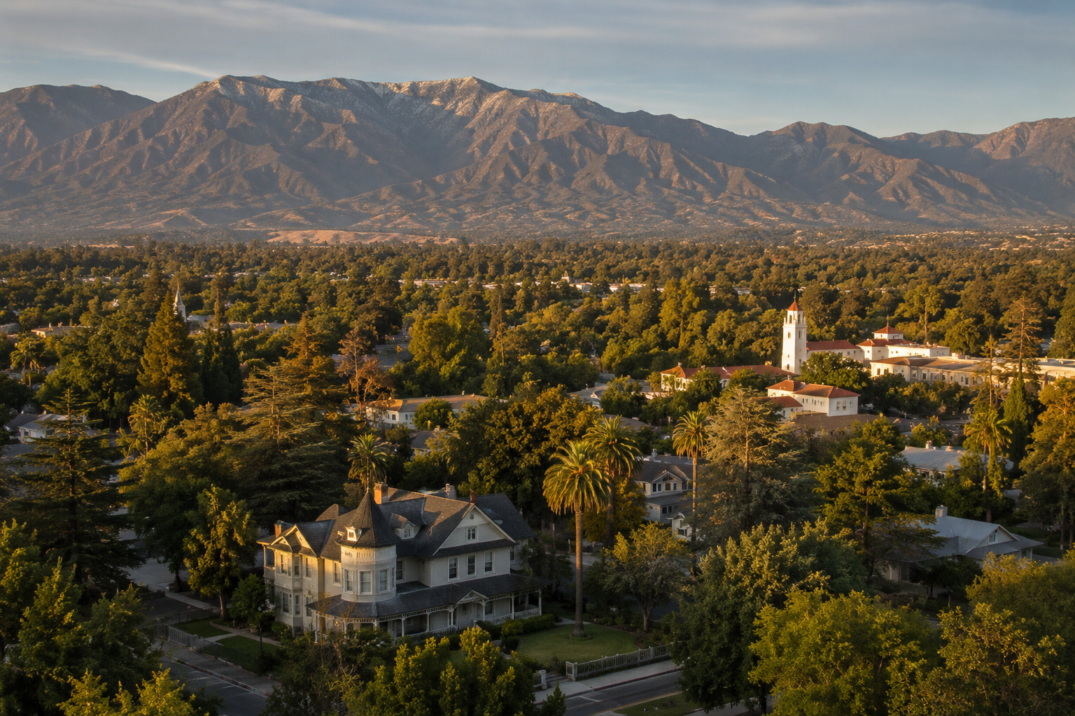 Residential neighborhoods and historic homes in Redlands California with the San Bernardino Mountains in the background