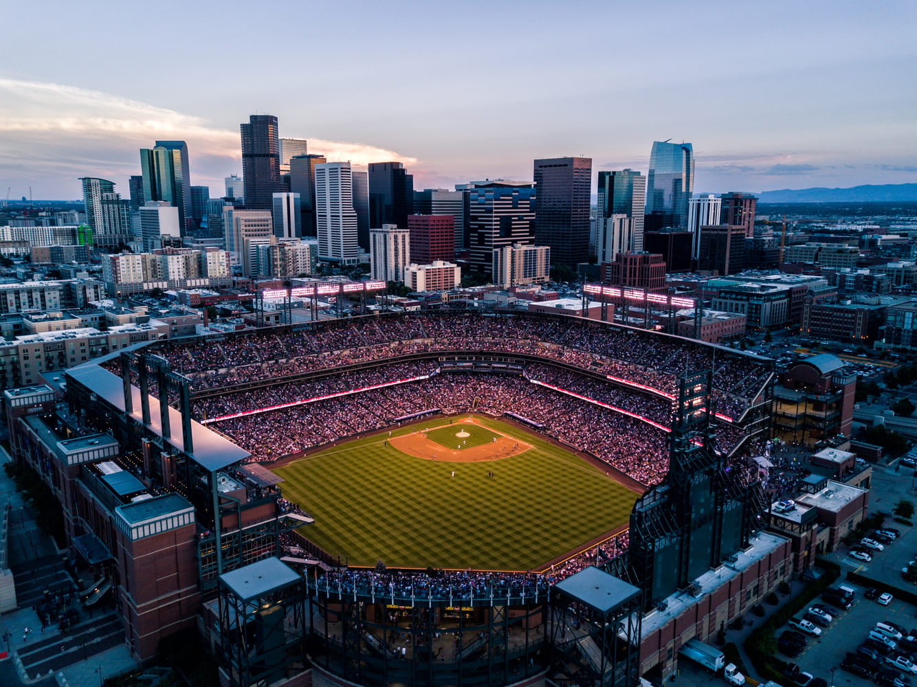 Aerial drone photo - Skyline of Denver Colorado at sunset