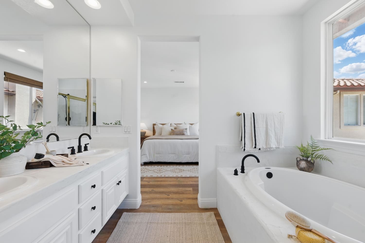 Stylish interior and exterior of a modern suburban California home with bright rooms, open layout, and mountain views.