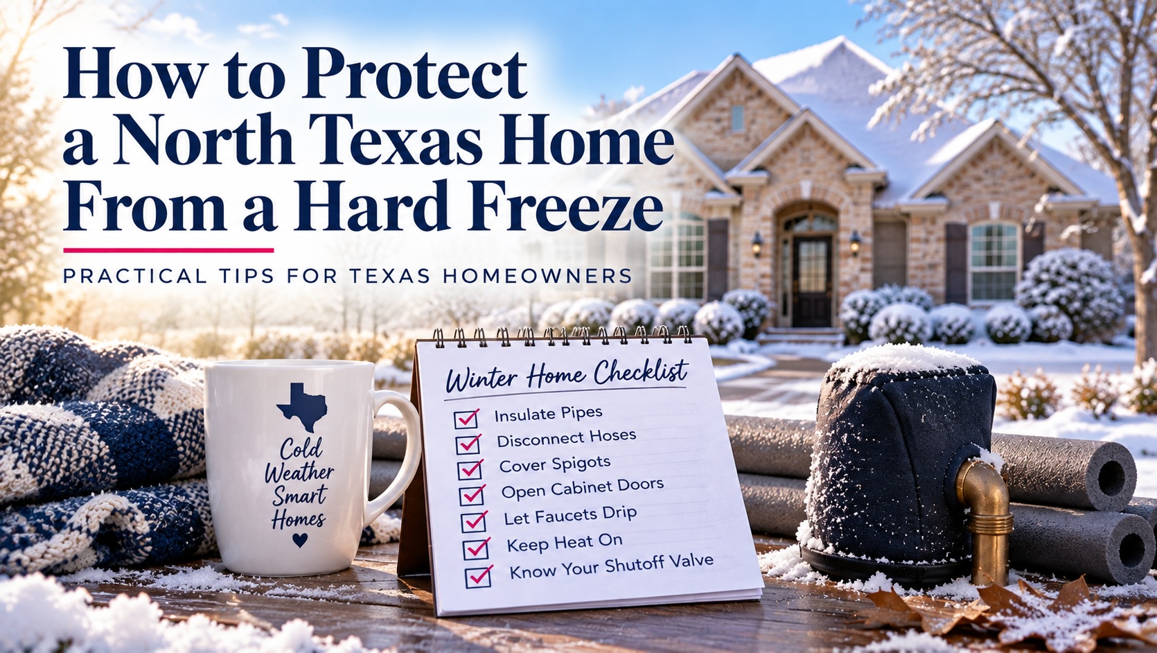 winter prep checklist with a brick home in the background