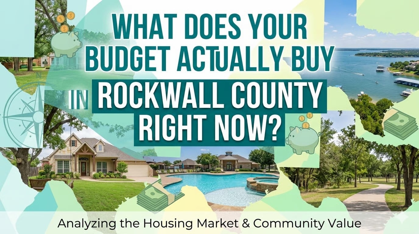 Graphic titled "What Does Your Budget Actually Buy in Rockwall County Right Now?" with home and lake photos