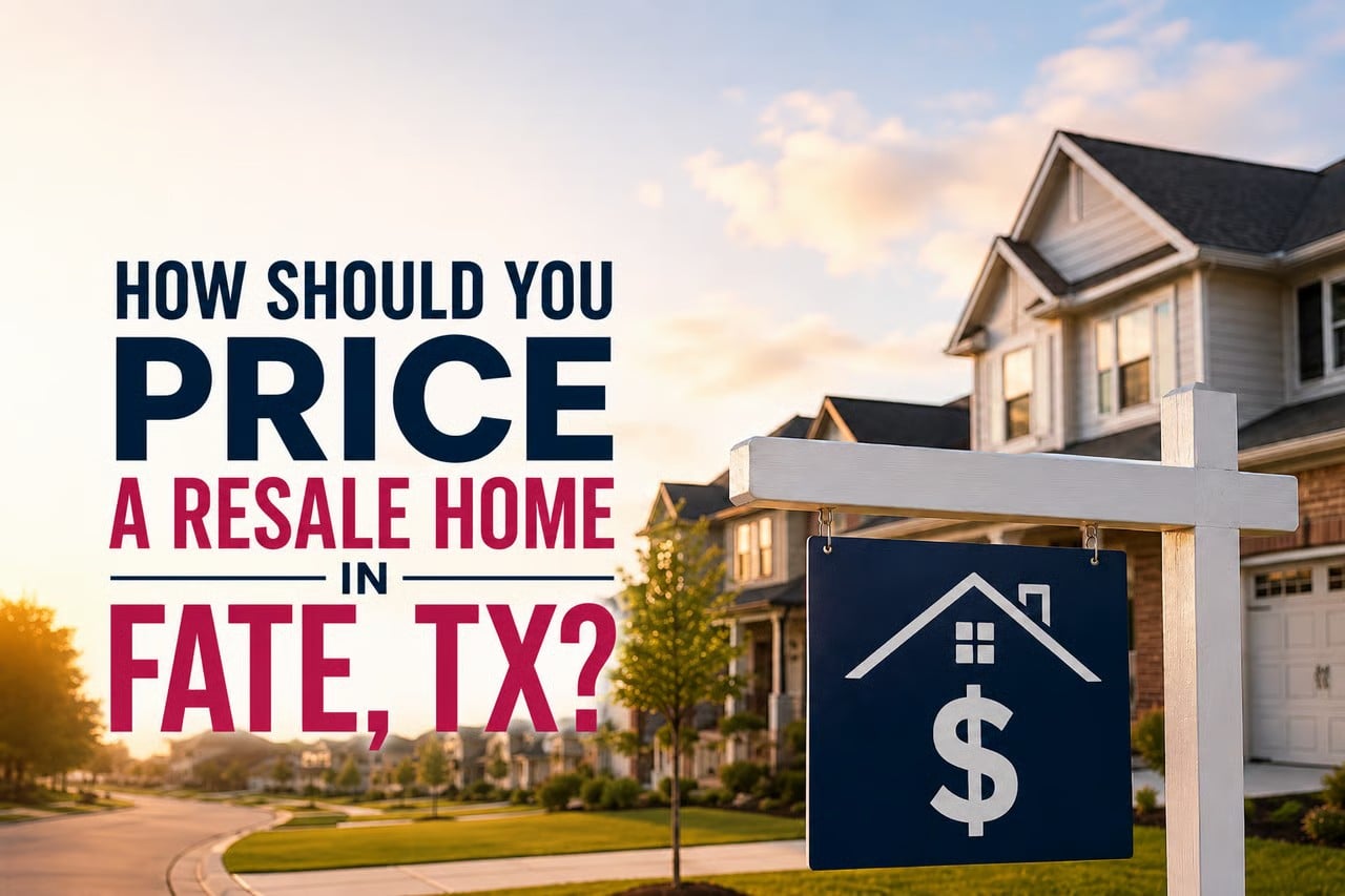 For-sale sign with dollar sign icon outside a two-story home in a Fate, TX neighborhood