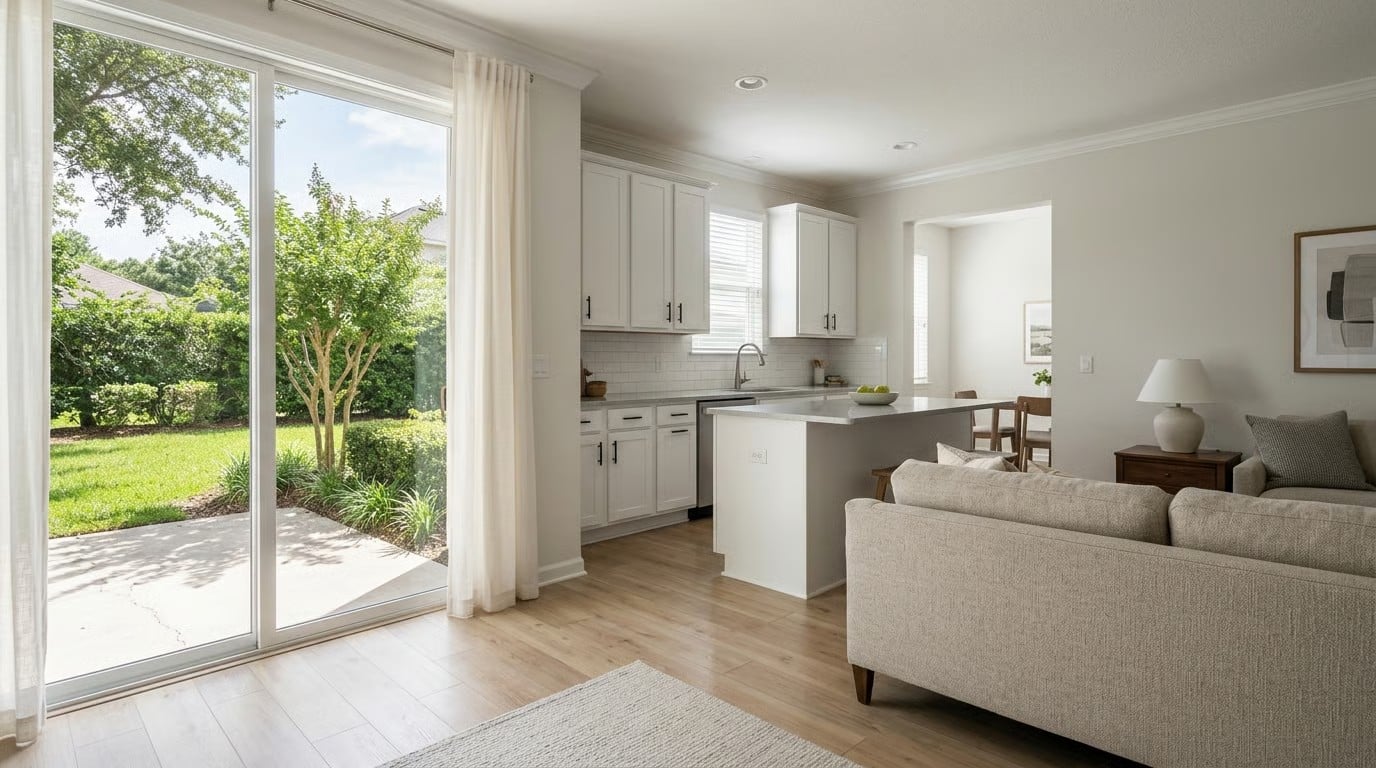 Bright open-concept kitchen and living room with sliding glass doors to a backyard patio