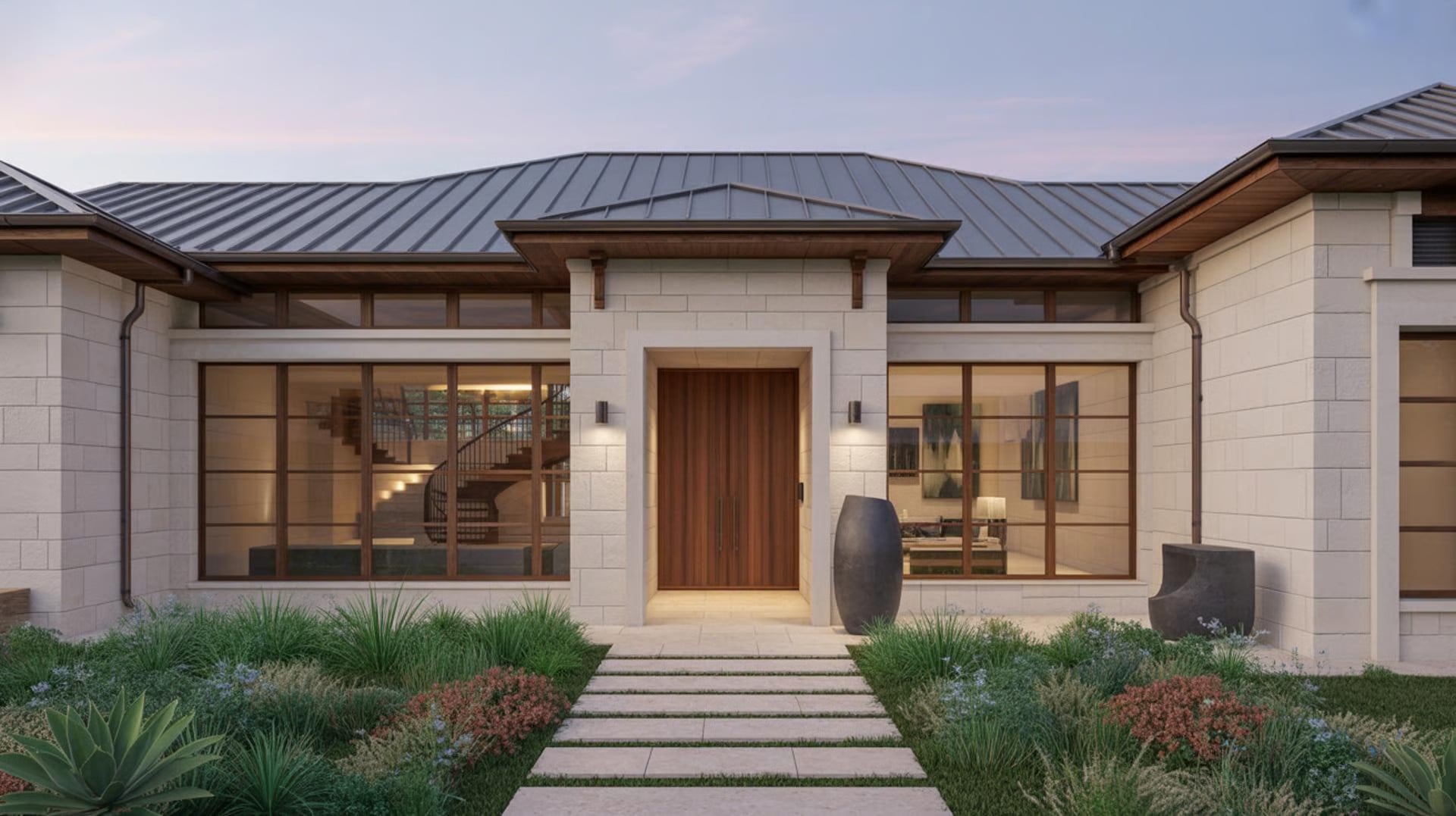 Modern stone home with drought-tolerant landscaping including agave and native plantings