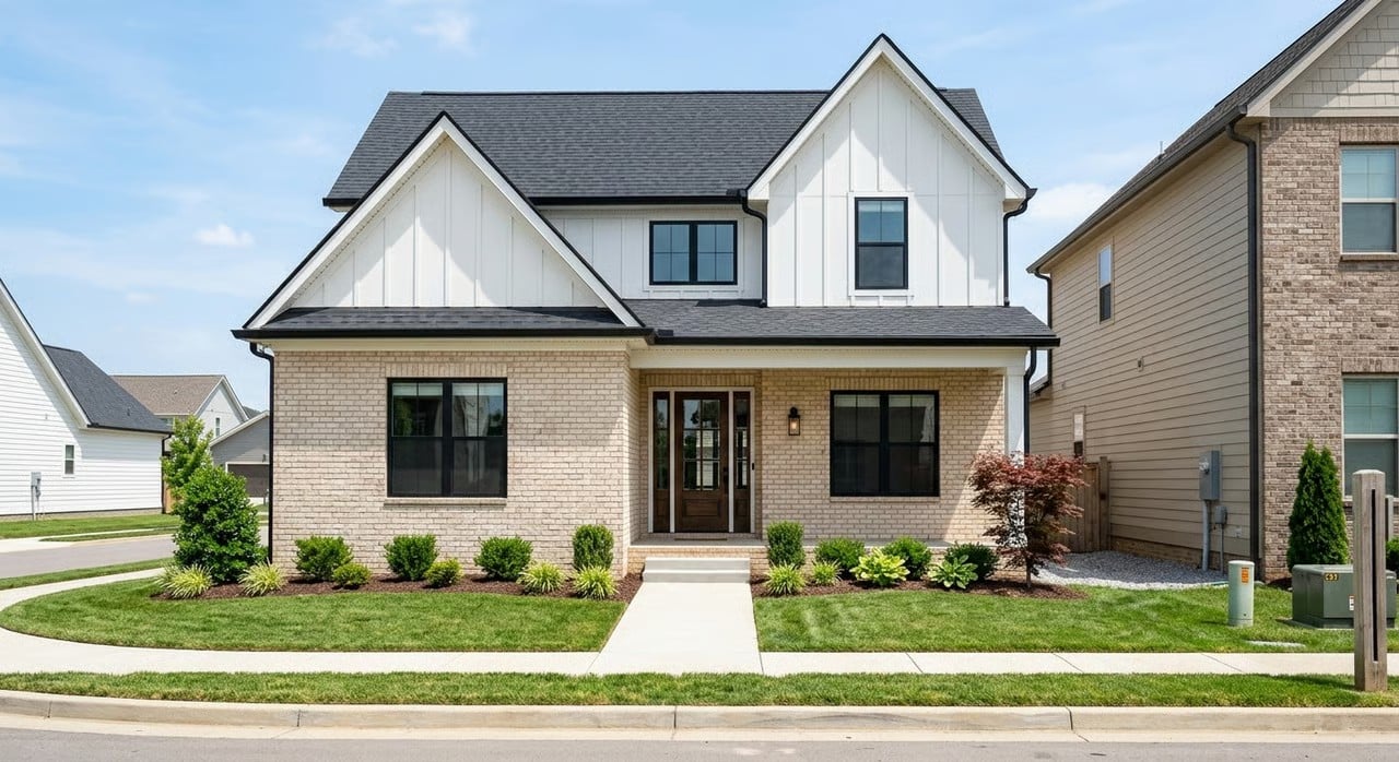 New construction two-story home with brick and board-and-batten siding in a North Texas neighborhood