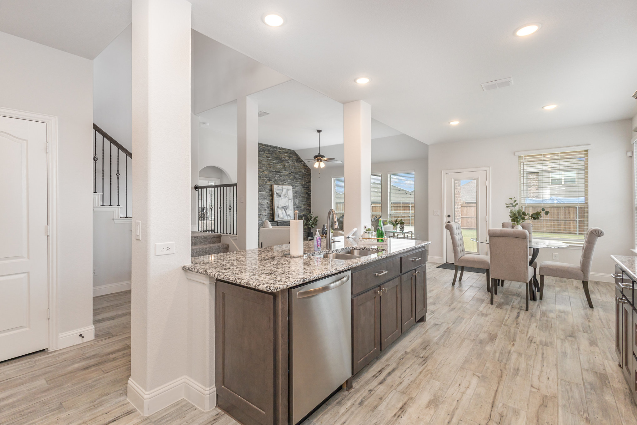 Fully staged kitchen and dining area