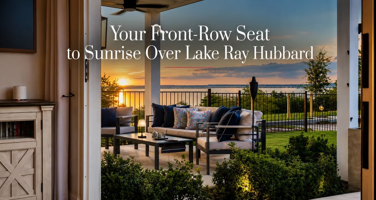 Covered patio with lake views at sunrise from a home in Rowlett's Lake Park community on Lake Ray Hubbard