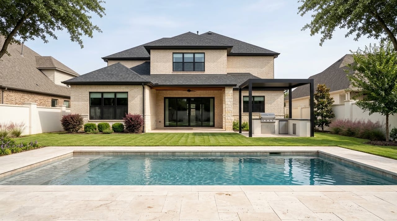 Two-story brick luxury home in Heath, TX with covered patio, outdoor kitchen, and backyard pool