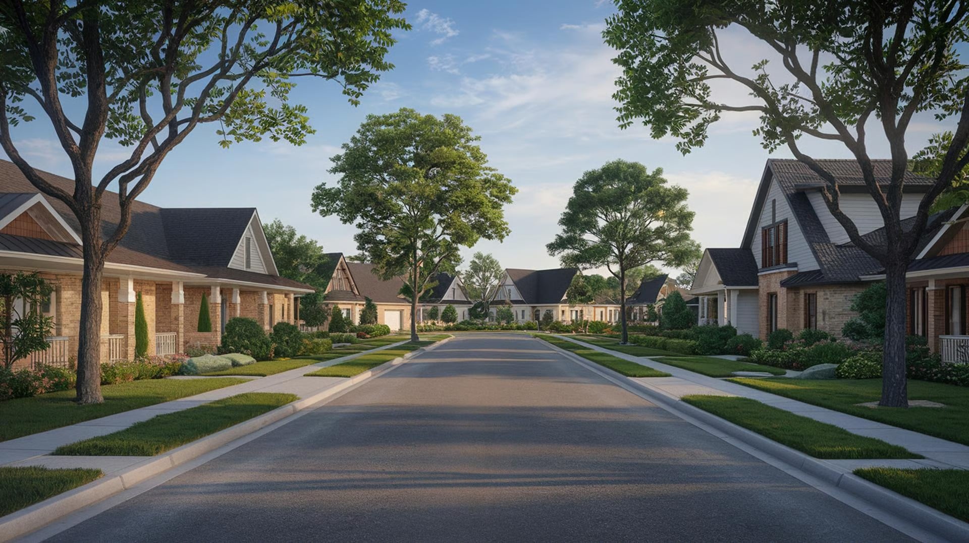 Tree-lined suburban street with brick and stone homes in a Wylie, TX neighborhood