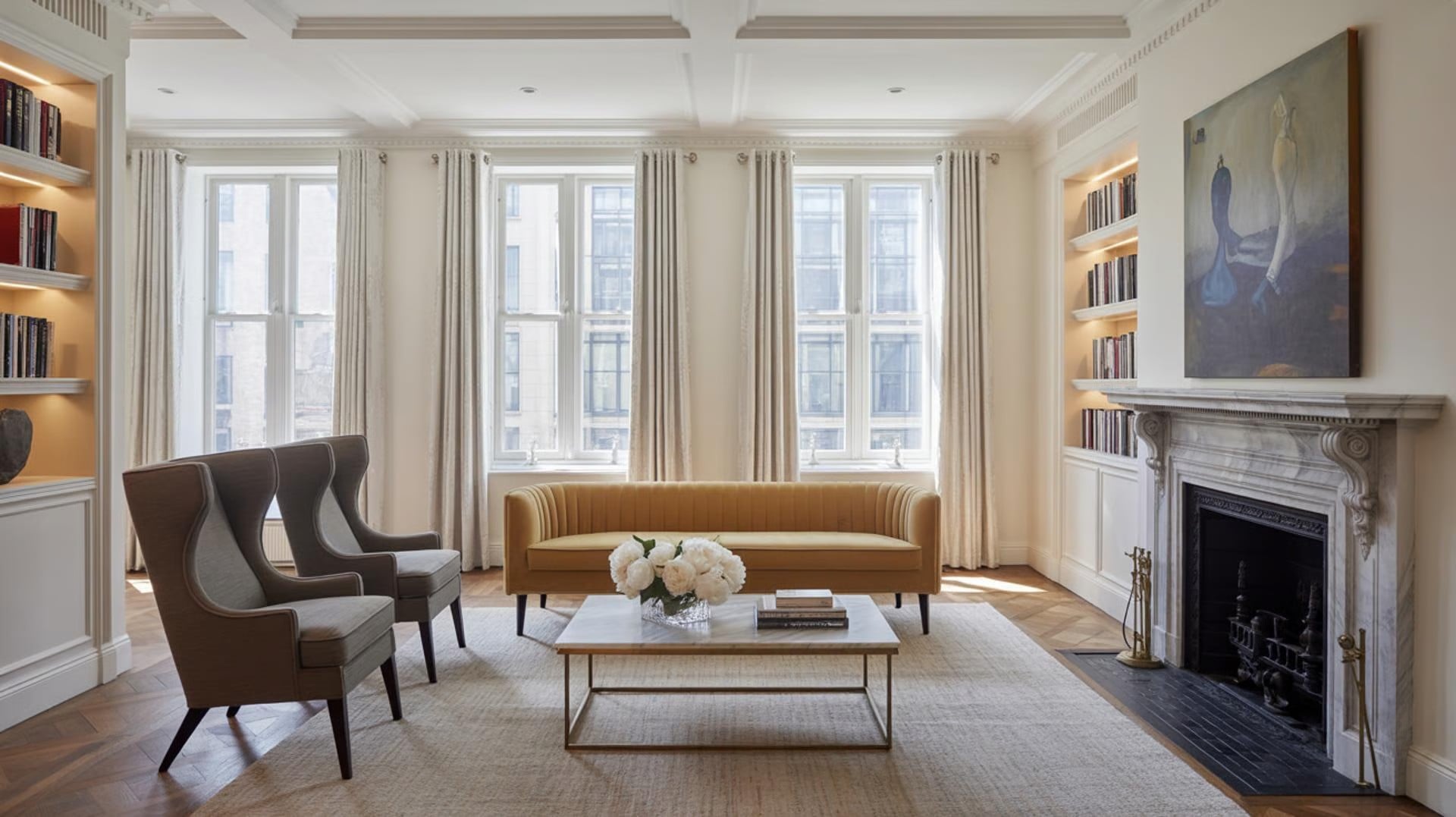 Living room with marble fireplace, built-in bookshelves, and a mustard velvet sofa in a modern classic style
