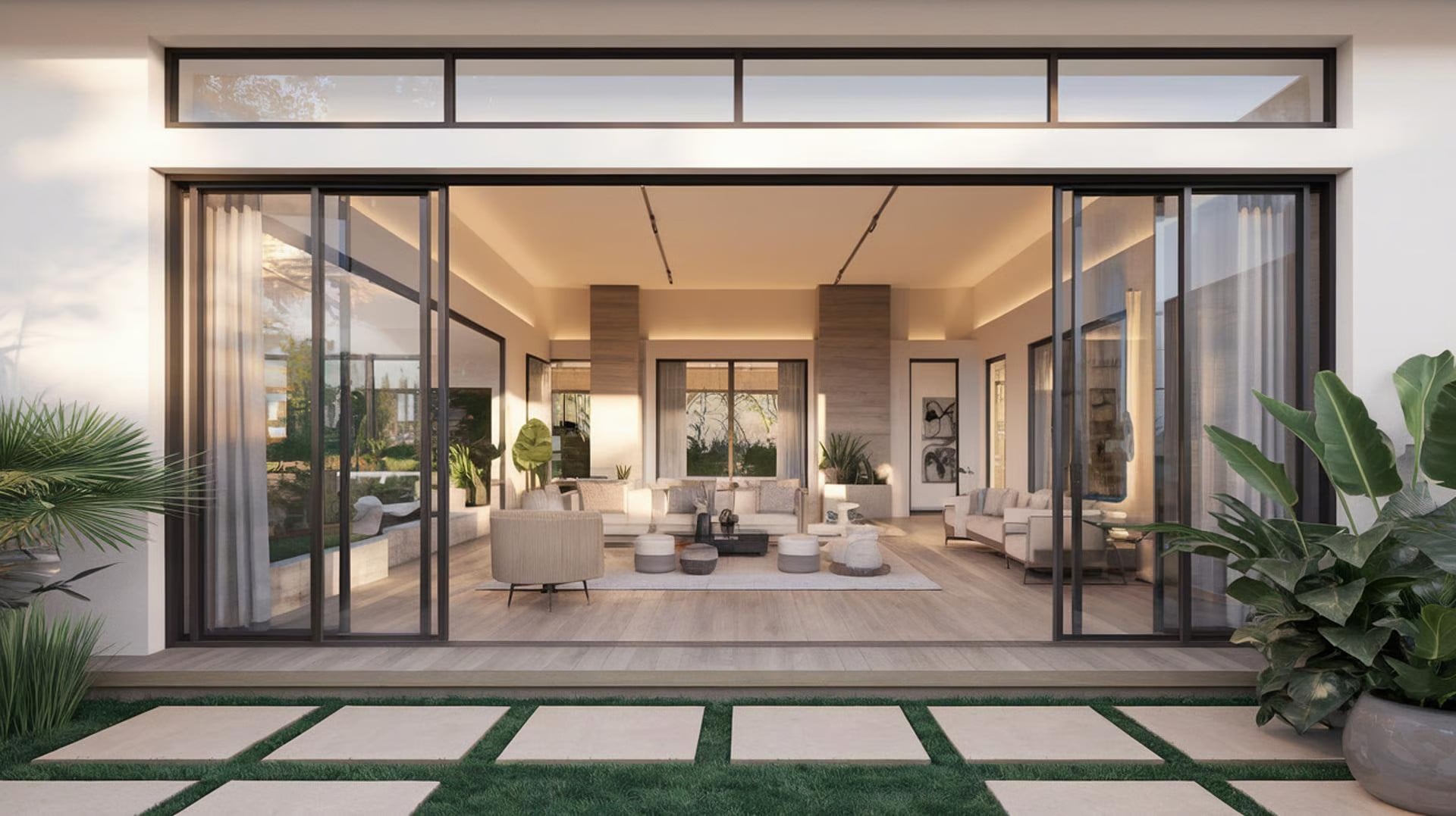 Open-concept living room with floor-to-ceiling sliding glass doors opening to a landscaped patio