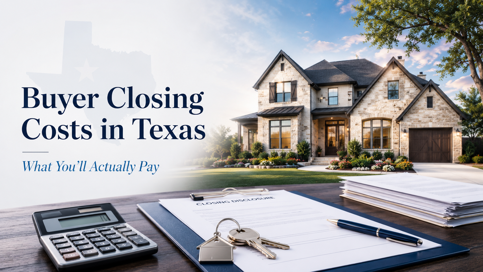 Closing Disclosure document with house keys and calculator in front of a North Texas stone home