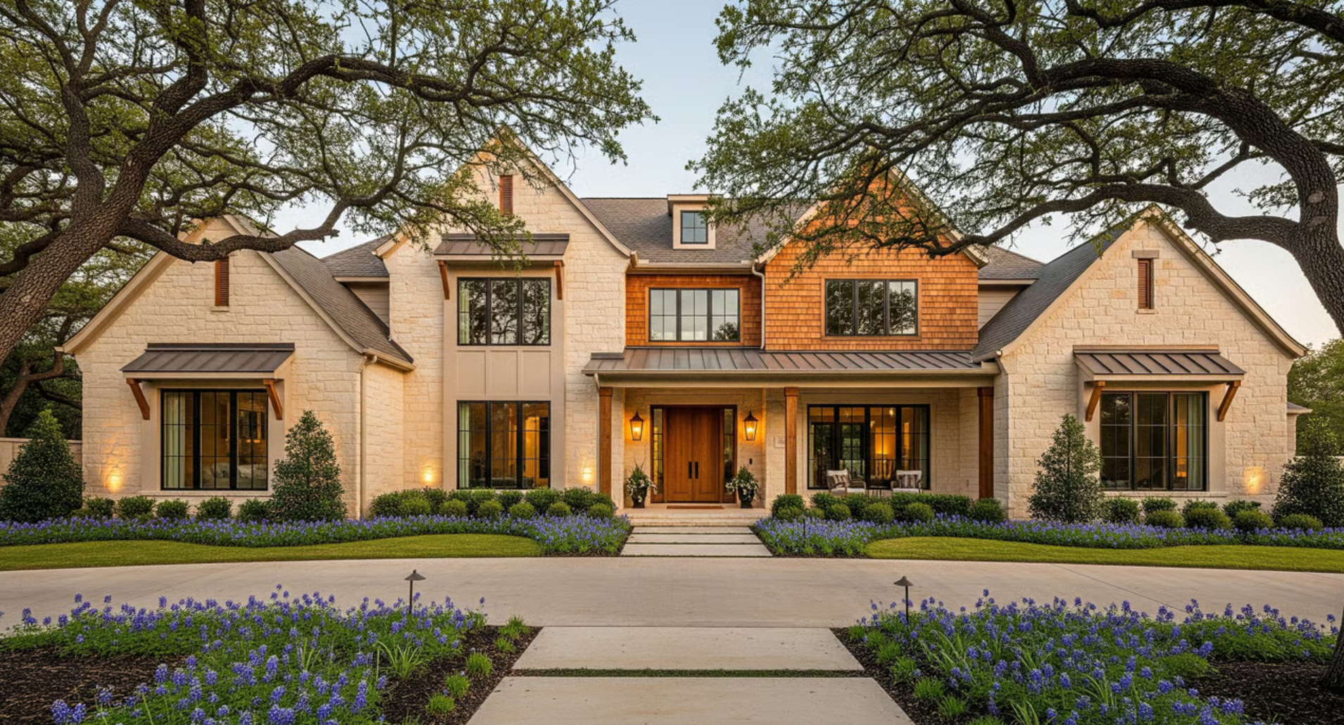 Two-story luxury stone home with mature oak trees and blooming bluebonnets in the front yard
