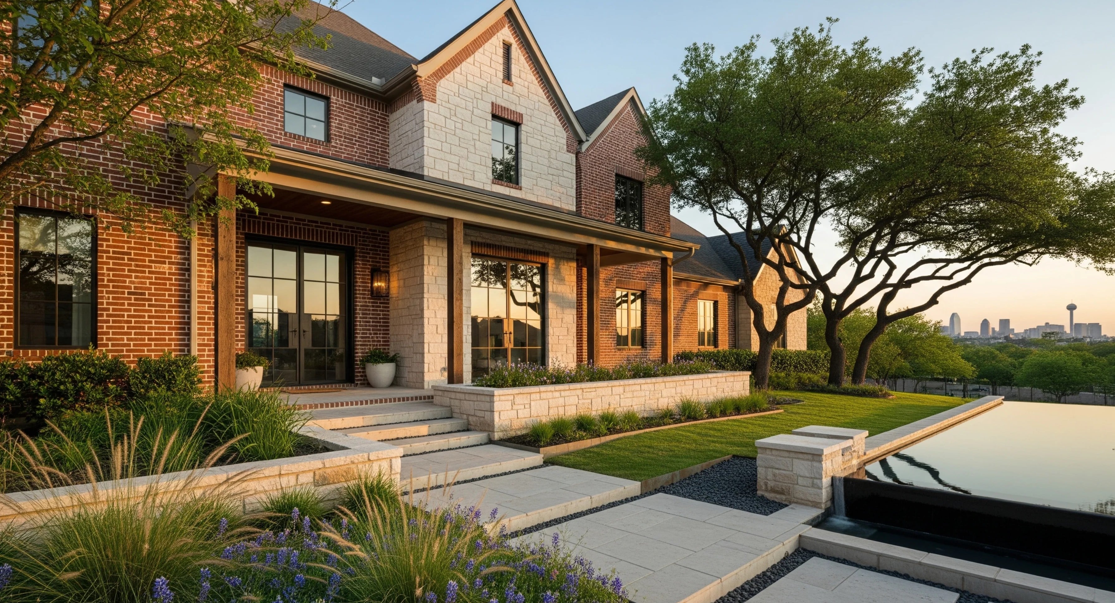 Two-story brick and limestone home with covered front porch and landscaped stone walkway