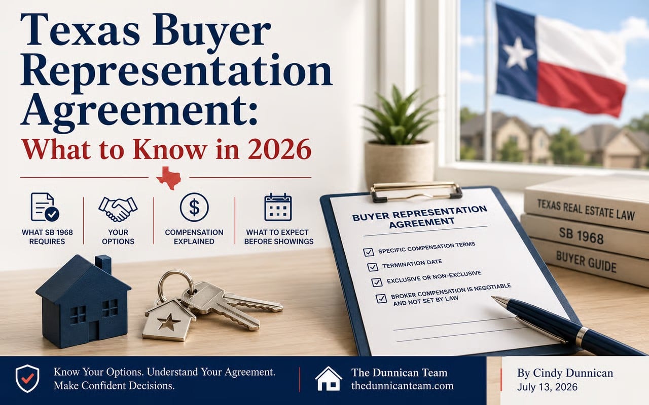 Texas Buyer Representation Agreement infographic covering SB 1968 requirements — The Dunnican Team