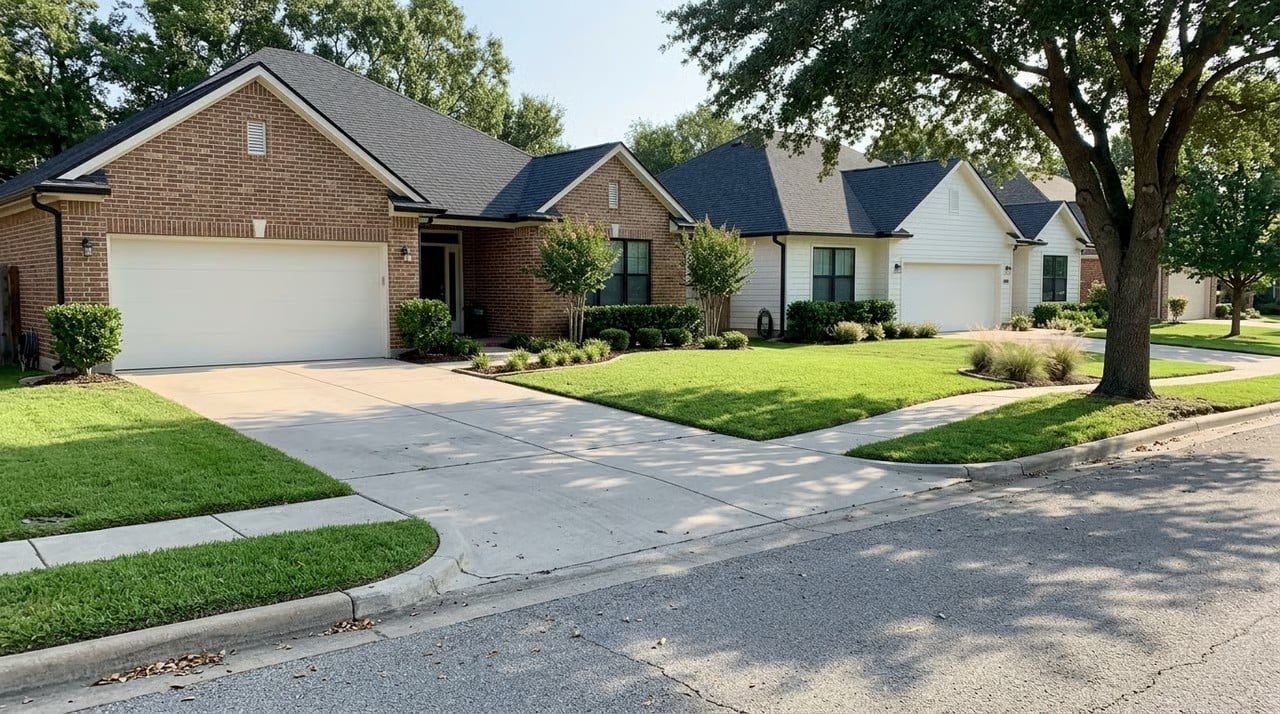 Single-story brick home with two-car garage on a tree-lined street in an established North Texas neighborhood