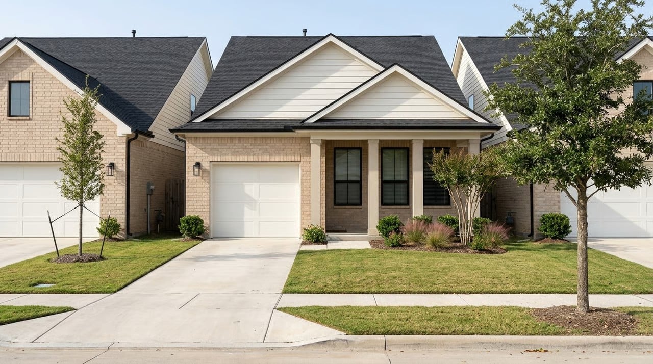 Tan brick single-story new construction home with white garage door in a Royse City, TX neighborhood