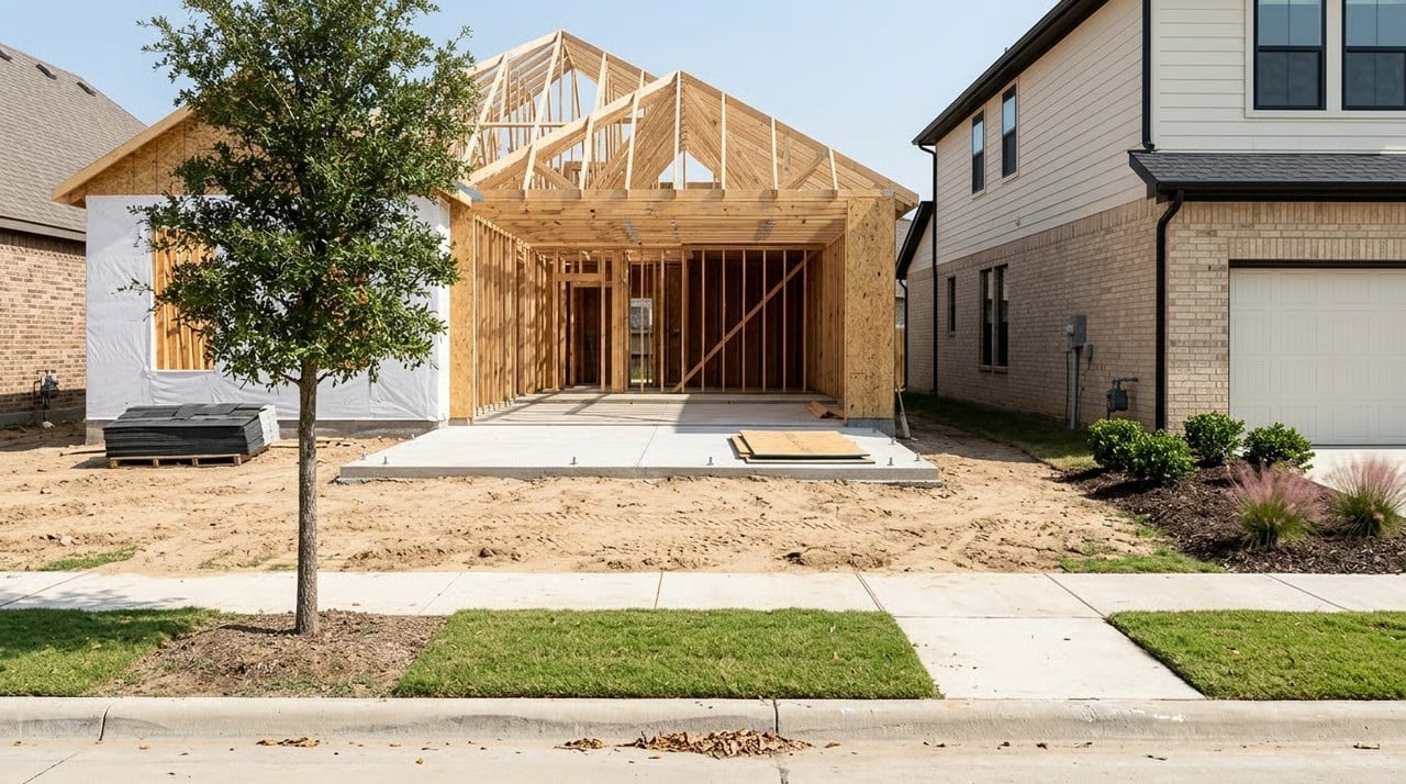 New home under construction with exposed wood framing and roof trusses in a North Texas subdivision