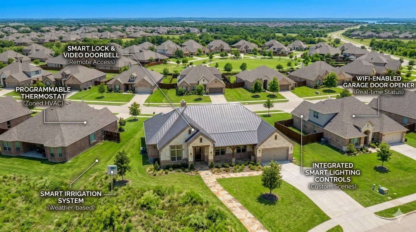 Aerial infographic labeling smart home features — thermostat, irrigation, lighting, and security — on a home in a North Texas neighborhood