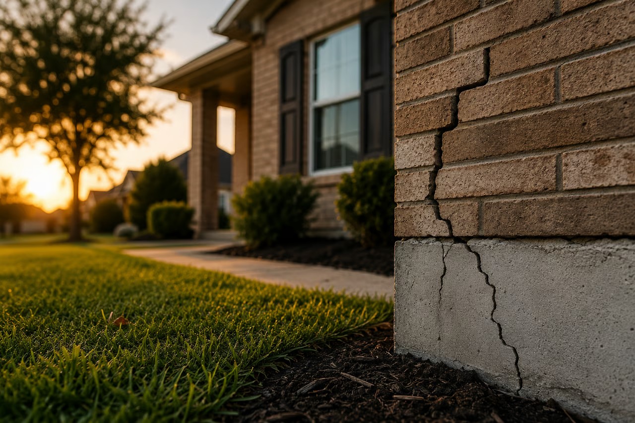 Close-up of a cracked brick and concrete foundation on a North Texas home at sunset