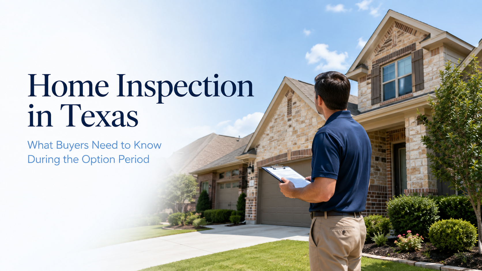 A licensed home inspector holding a clipboard stands outside a stone-and-brick North Texas home during a sunny day, preparing for a buyer inspection during the option period.