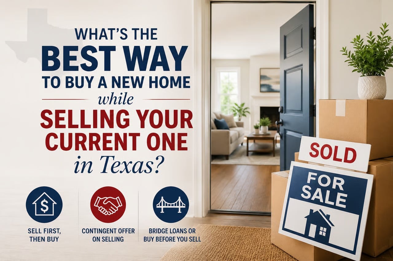 Moving boxes with sold and for sale signs illustrating buying and selling a home at the same time in Texas