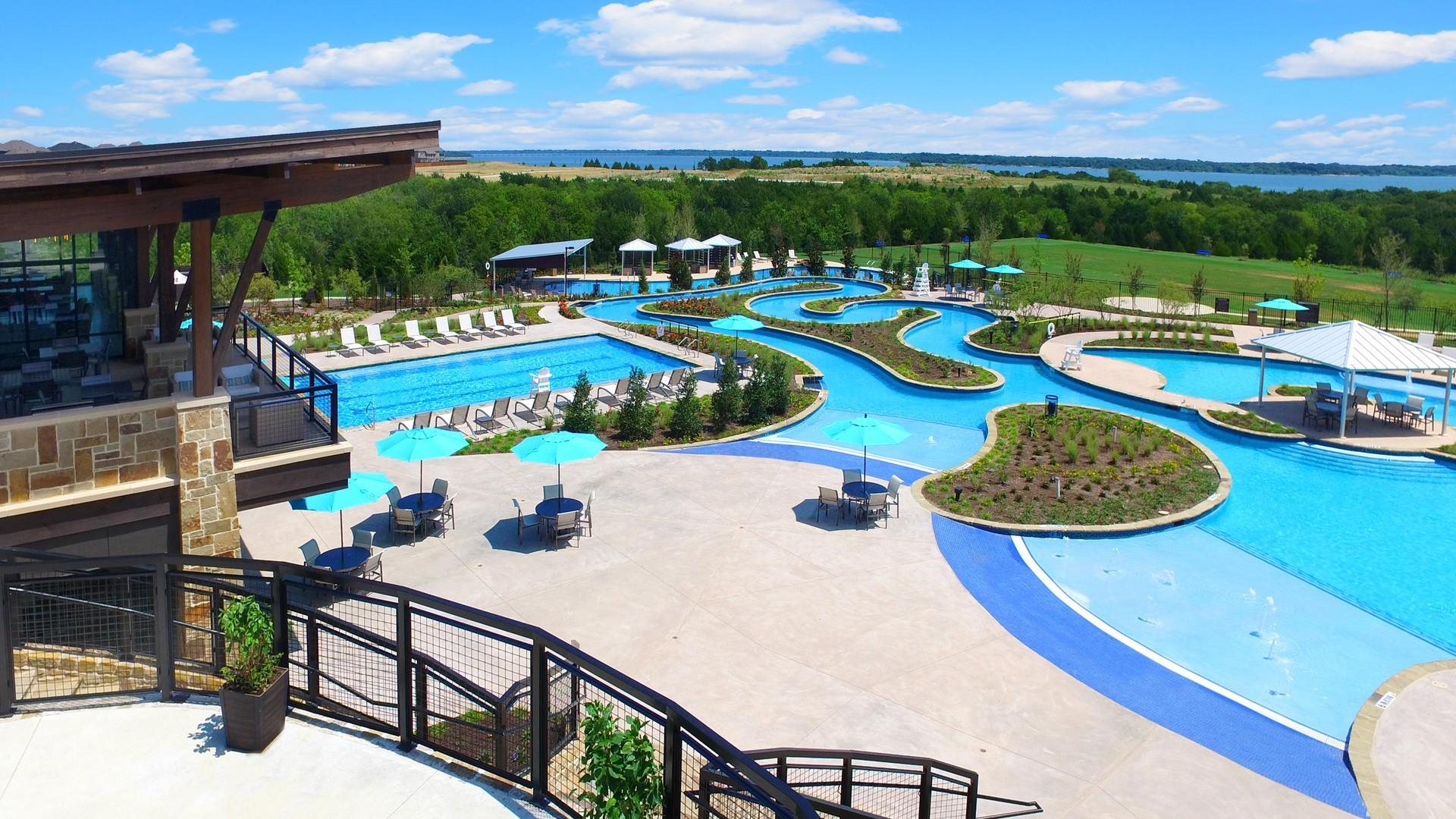 Lazy river, resort pool, and amenity center overlooking Lake Lavon in Wylie, Texas