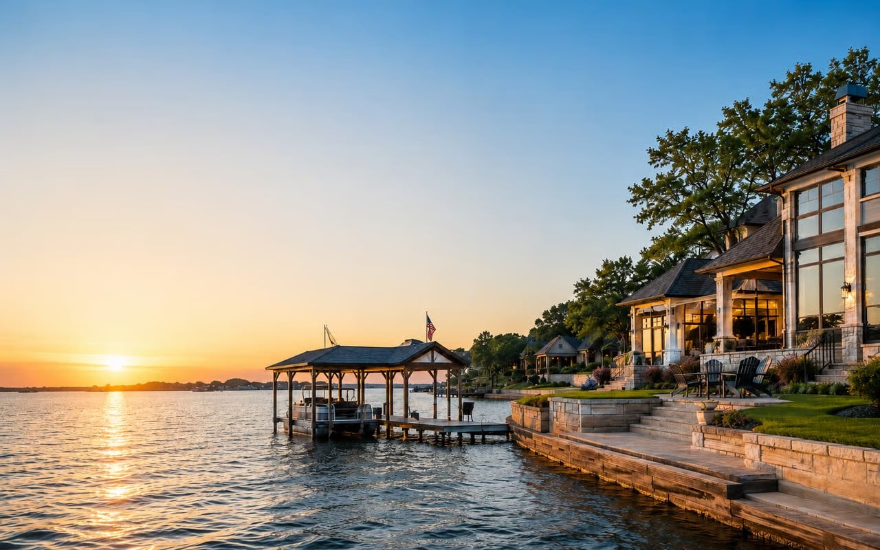 Lakefront home with private dock at sunset on Lake Ray Hubbard