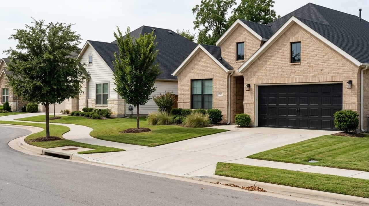 Tan brick two-story home with black garage door on a curved street in a Lavon, TX neighborhood