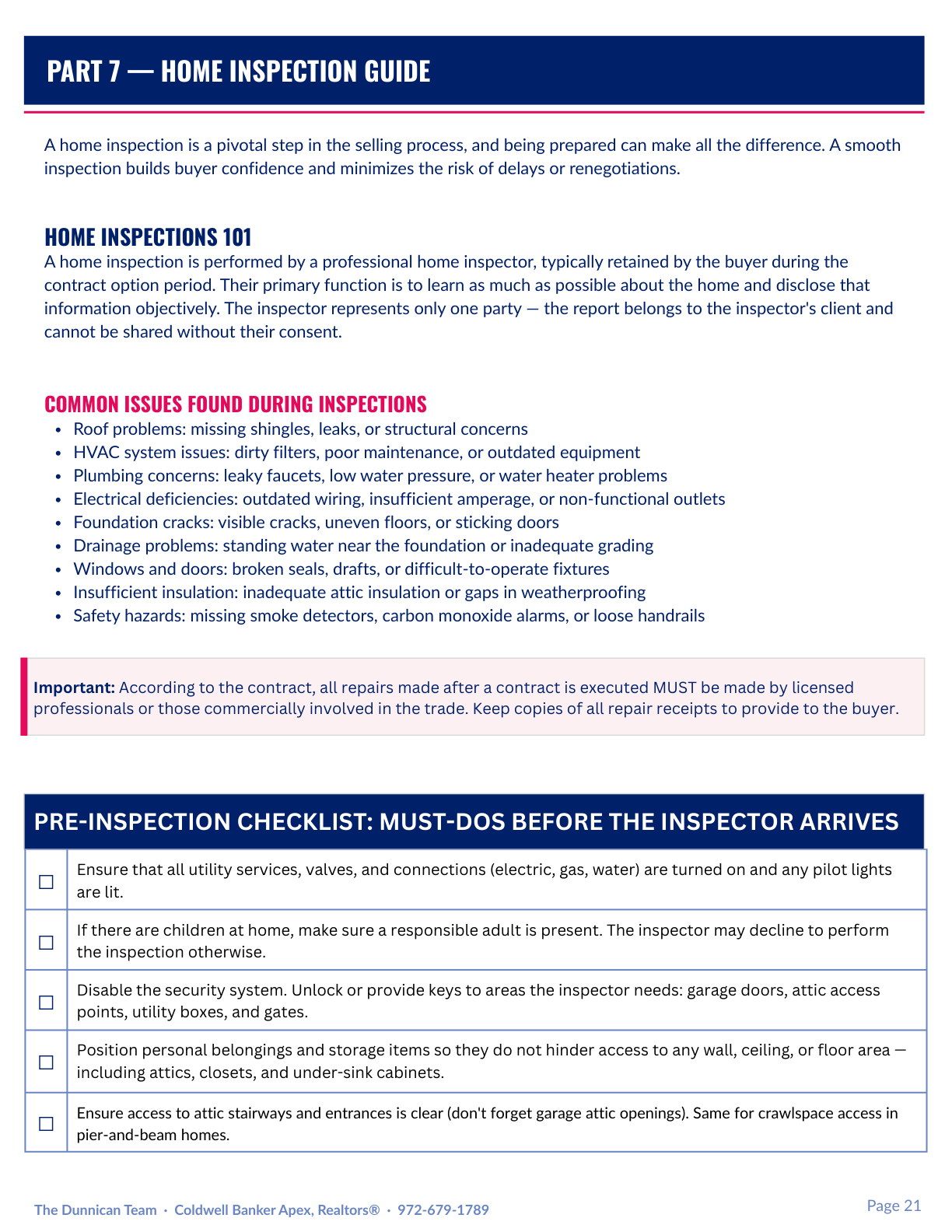 Home inspection guide page preview with pre-inspection checklist
