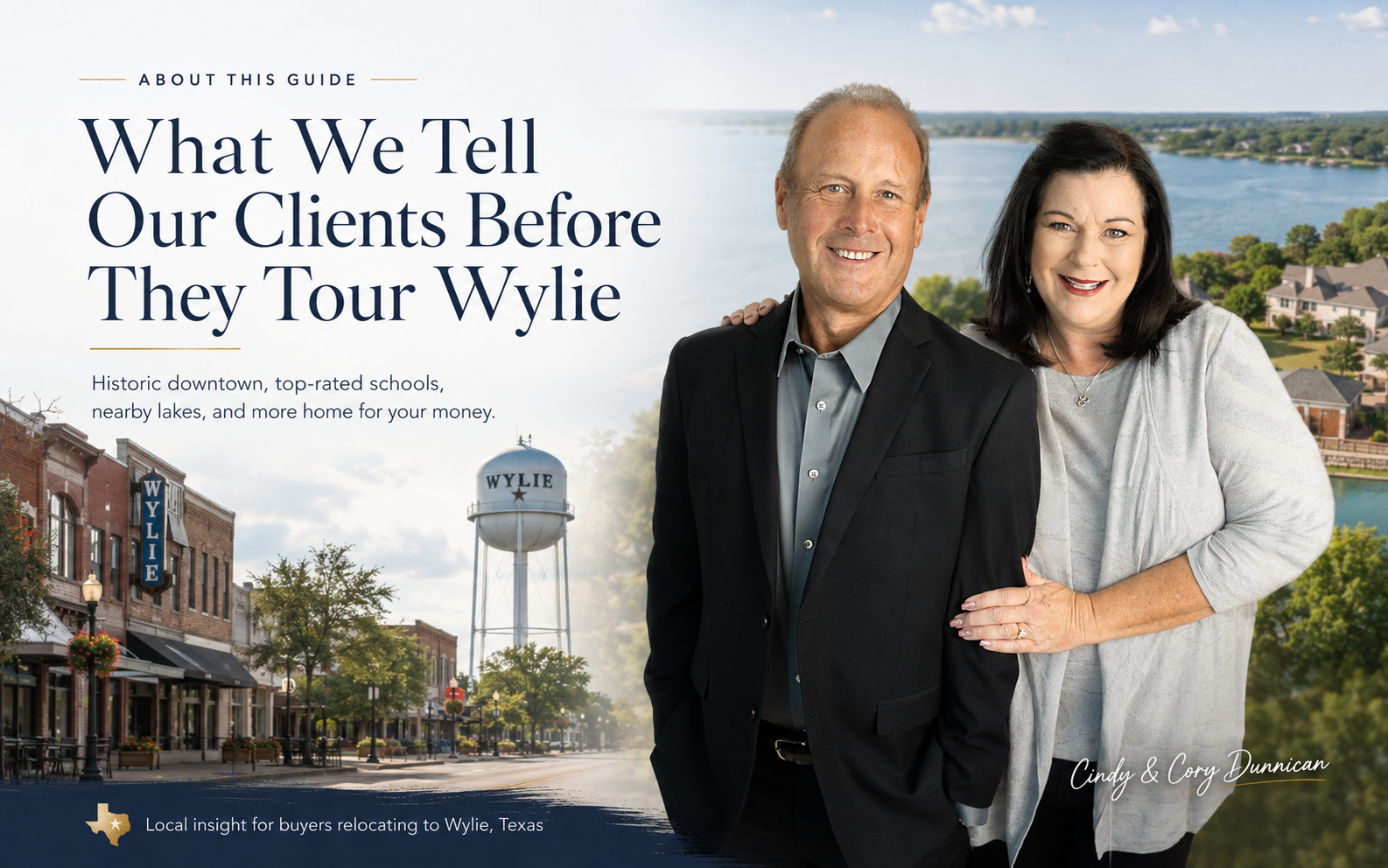 Cindy and Cory Dunnican with historic downtown Wylie, the Wylie water tower, and Lake Lavon in the background