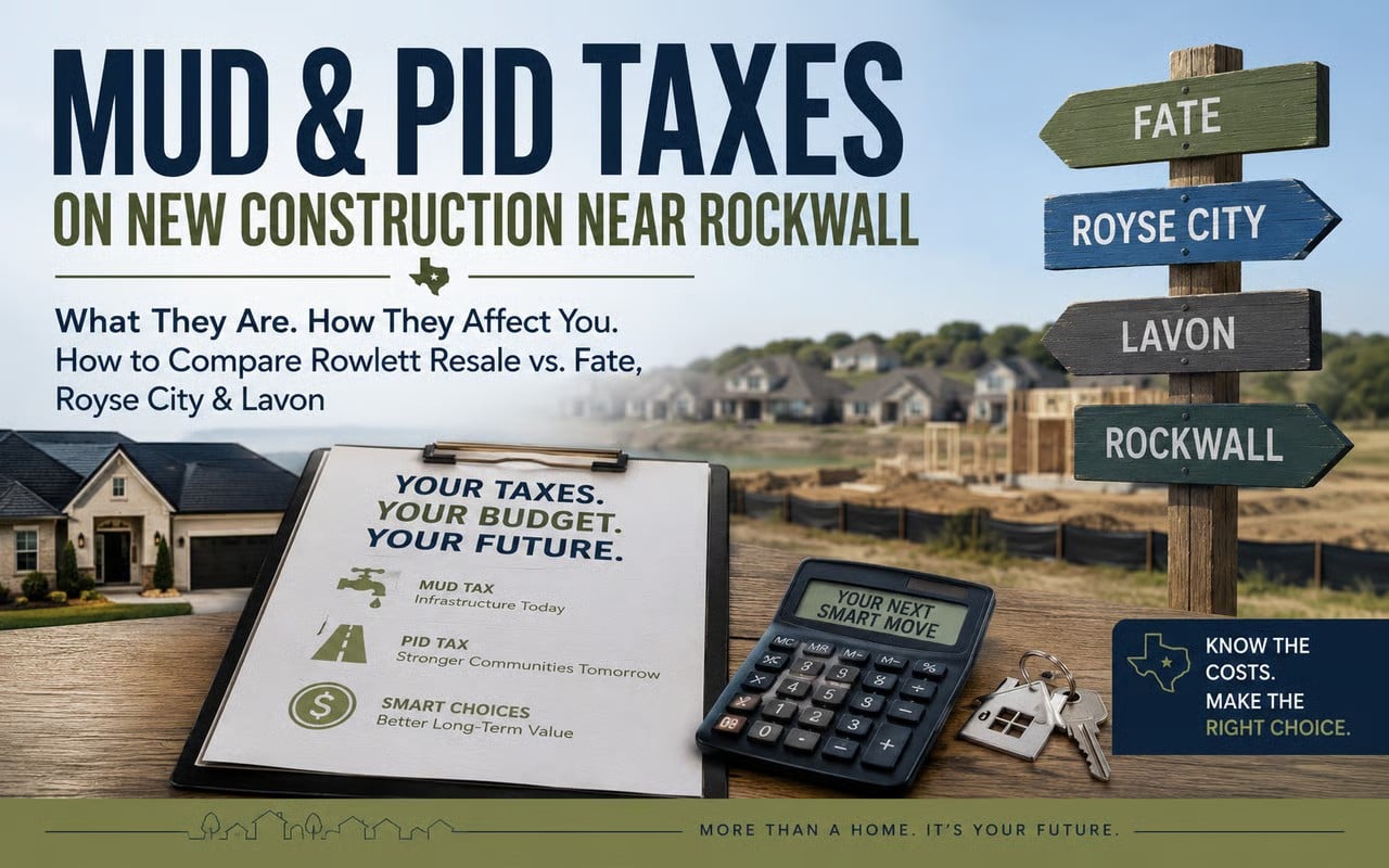"MUD & PID Taxes on New Construction Near Rockwall" header graphic with a road sign to Fate, Royse City, Lavon, and Rockwall