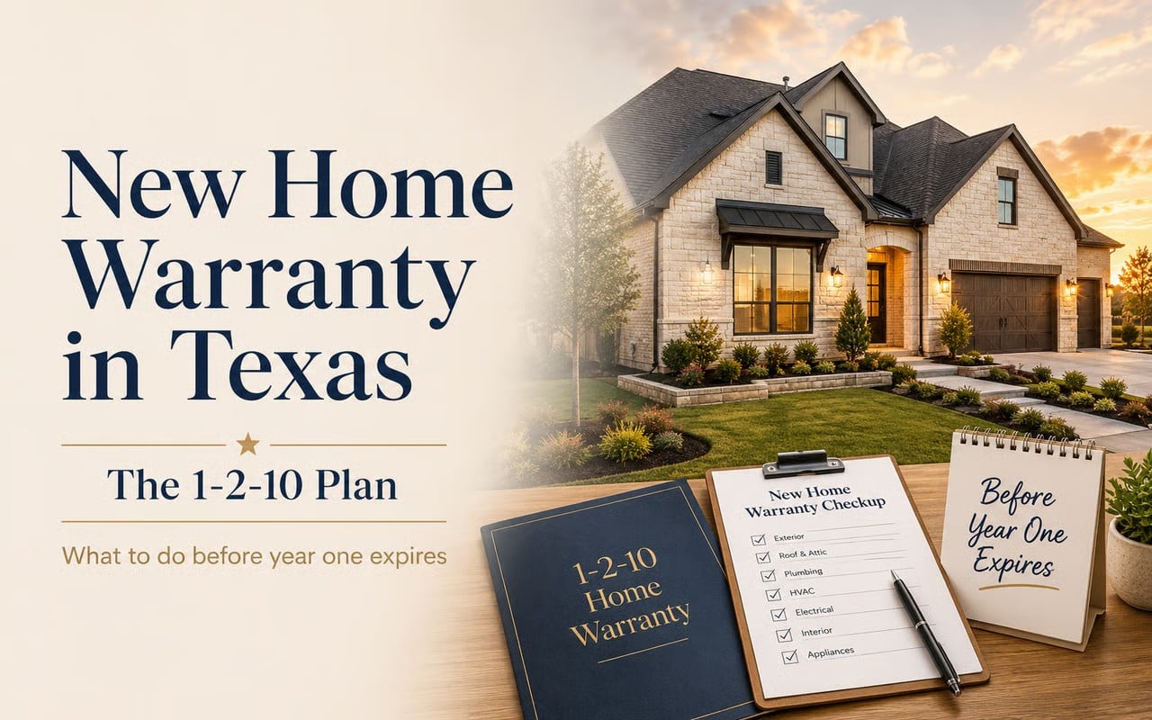 "New Home Warranty in Texas" header graphic with a 1-2-10 warranty booklet and checklist
