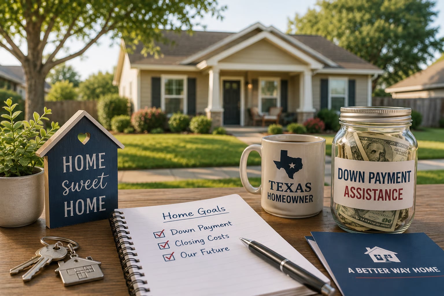 Notebook with home buying checklist, coffee mug, and jar labeled "Down Payment Assistance" beside a house