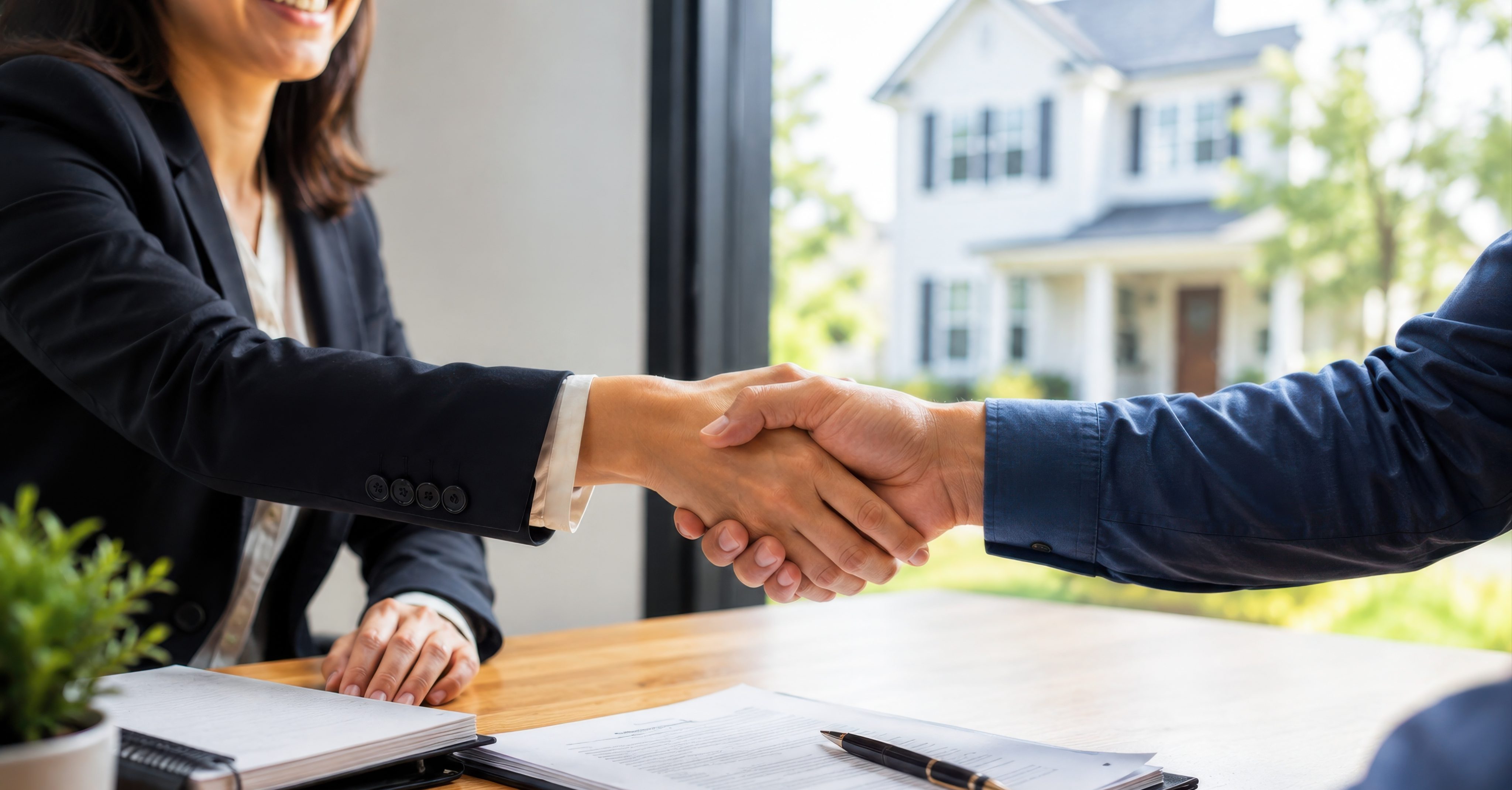 Real estate agent and client shaking hands over a signed contract and pen, with a home visible through the window in the background