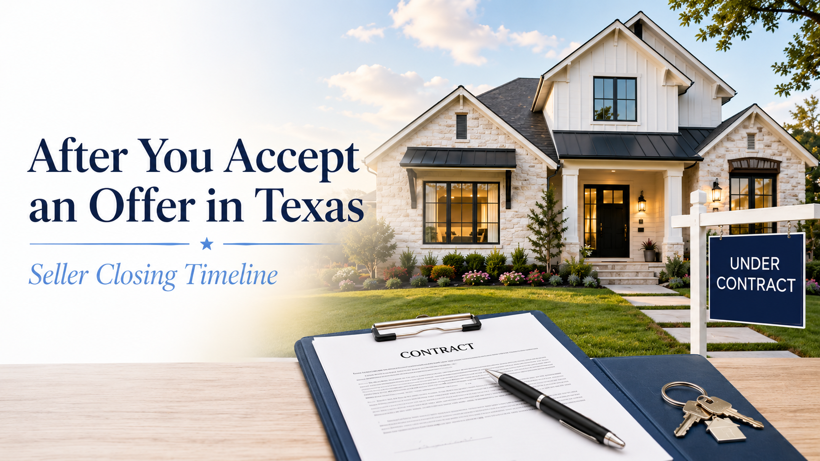 Contract, pen, and house keys on a clipboard in front of a home with an Under Contract sign, representing the Texas seller closing timeline