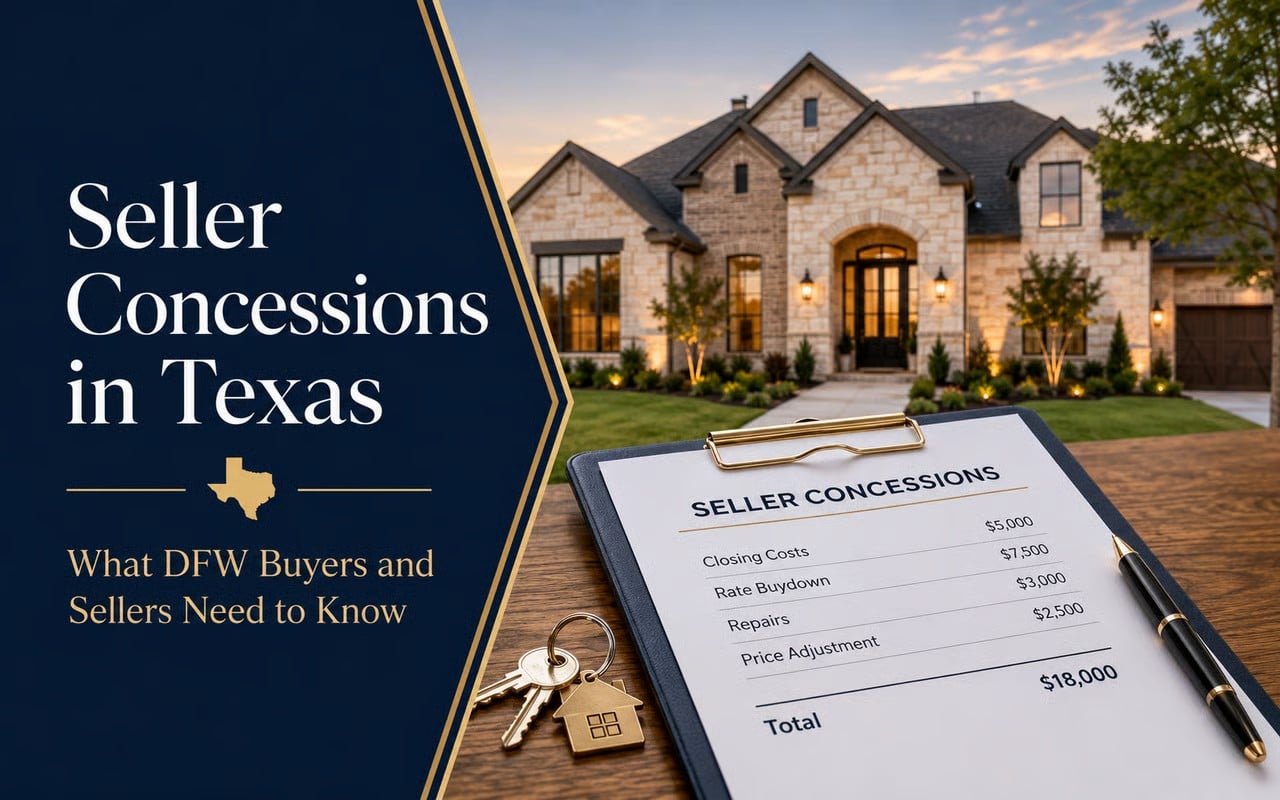 "Seller Concessions in Texas" header graphic with a clipboard cost breakdown and DFW home exterior