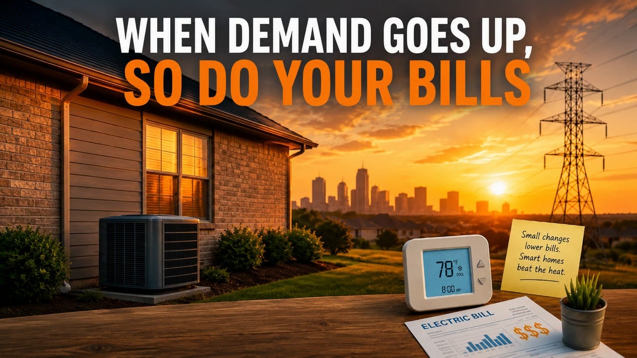 Home thermostat set to 78 degrees with electric bill and Dallas skyline at dusk