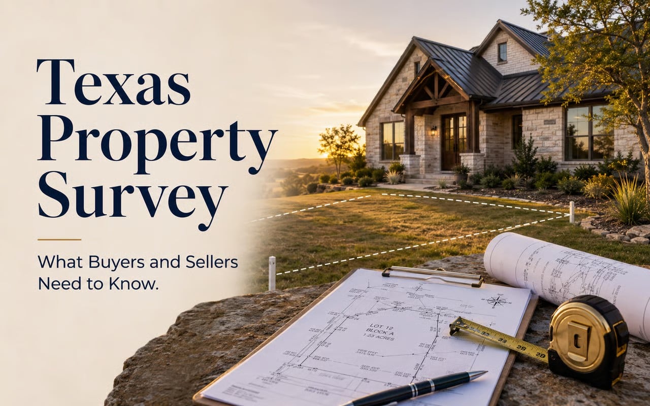 "Texas Property Survey" header graphic with a plat map, tape measure, and stone home exterior