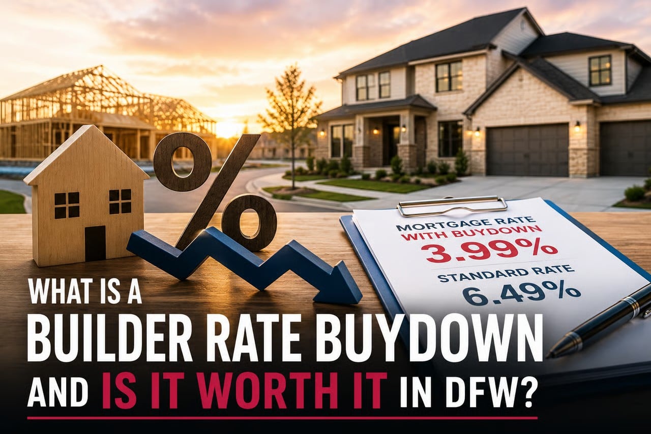 "What Is a Builder Rate Buydown and Is It Worth It in DFW" header graphic comparing 3.99% buydown rate to 6.49% standard rate