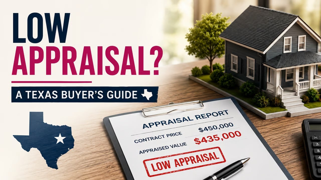 Appraisal report clipboard showing contract price vs. appraised value stamped "Low Appraisal," with a Texas state graphic