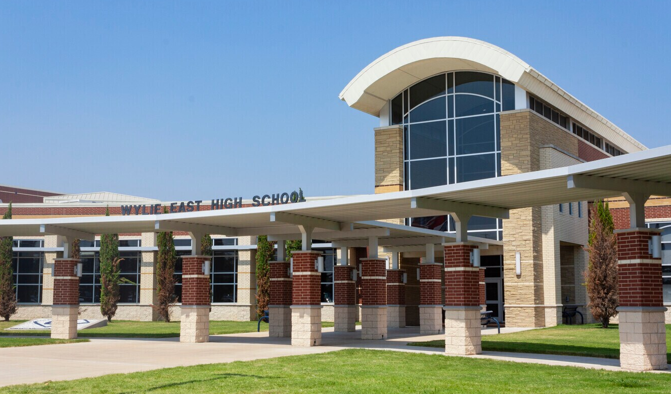 Front entrance of Wylie East High School, a Wylie ISD campus in Wylie, Texas