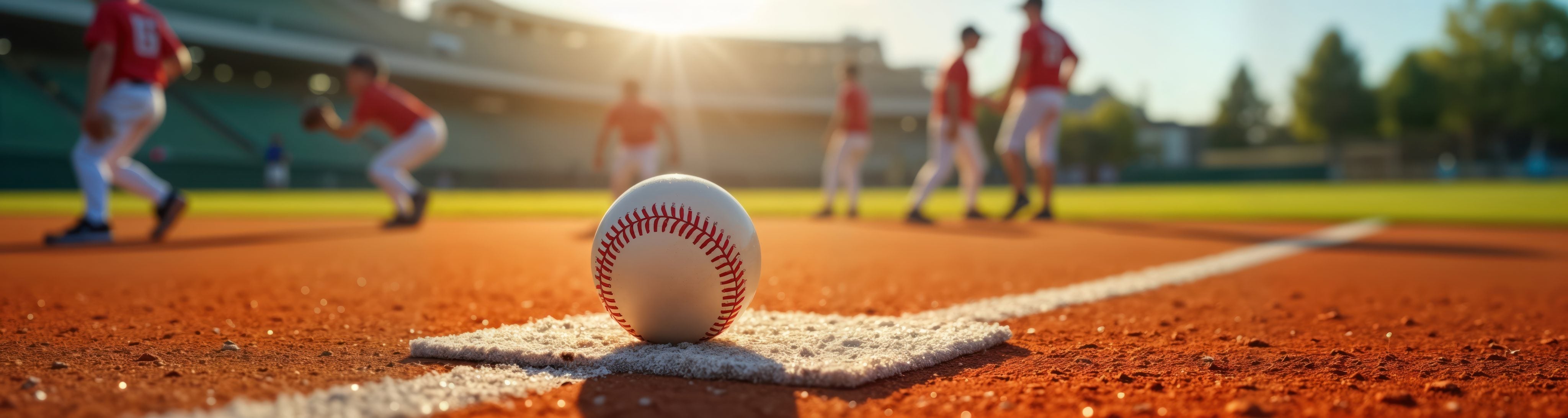 Baseball resting on the first base line during a youth baseball game