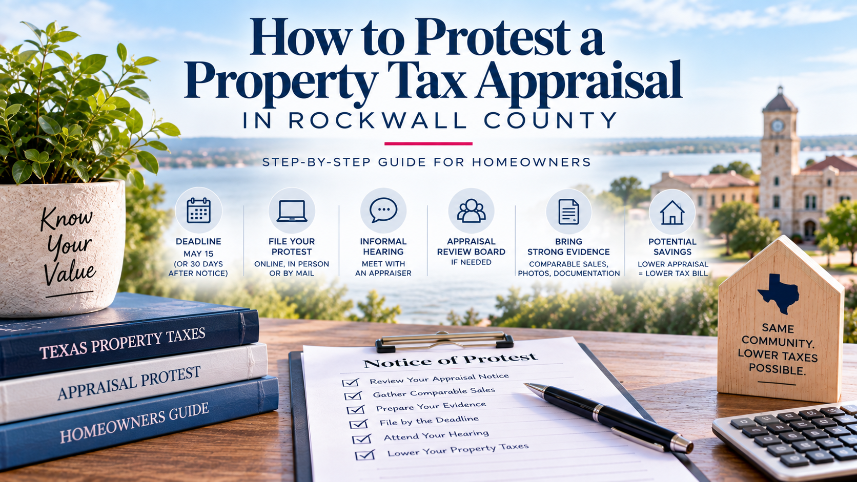 Rockwall County property tax appraisal protest guide with Notice of Protest checklist, calculator, RCAD deadline icons, and lake-view background.