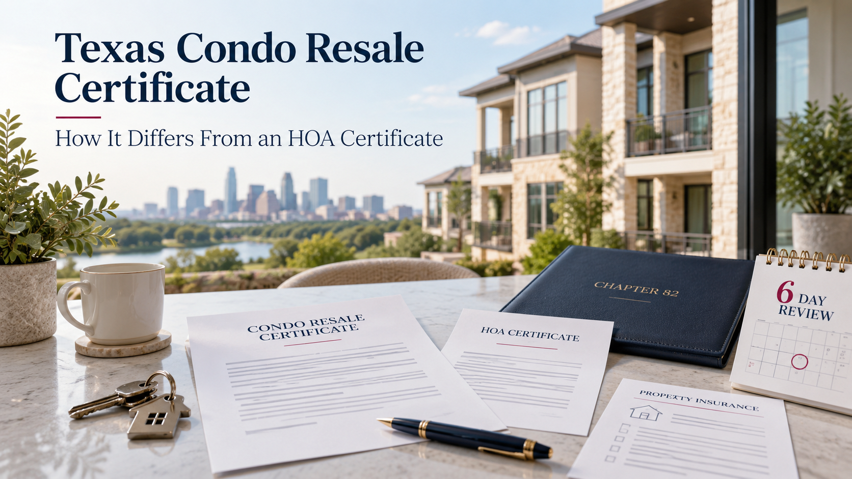 Texas condo resale certificate guide with Chapter 82 documents, HOA certificate comparison, 6-day review calendar, keys, and condo community.
