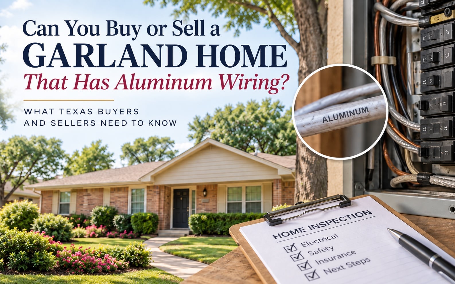 Can You Buy or Sell a Garland Home with Aluminum Wiring? over a cut aluminum cable and an inspection checklist