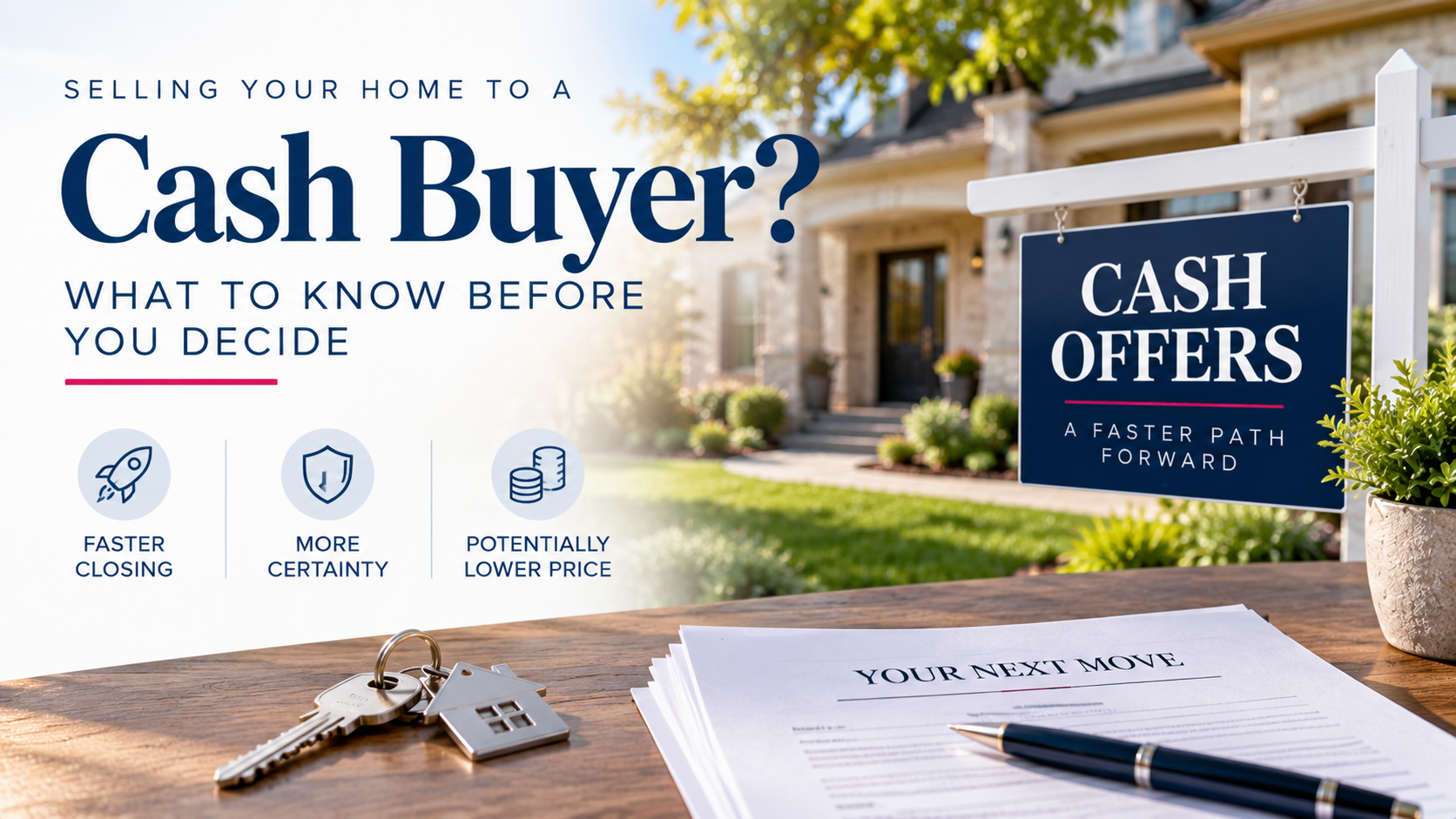 Cash buyer home sale guide with cash offers sign, house keys, contract documents, and suburban North Texas home.