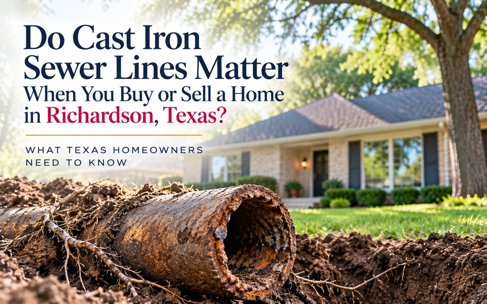 Corroded cast iron sewer pipe in front of a Richardson, Texas home.