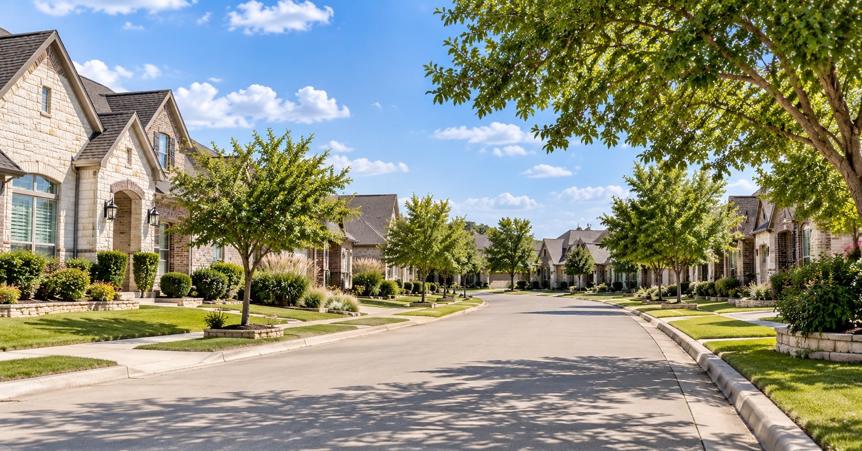 A residential street in Wylie, Texas with single-story brick homes and young trees